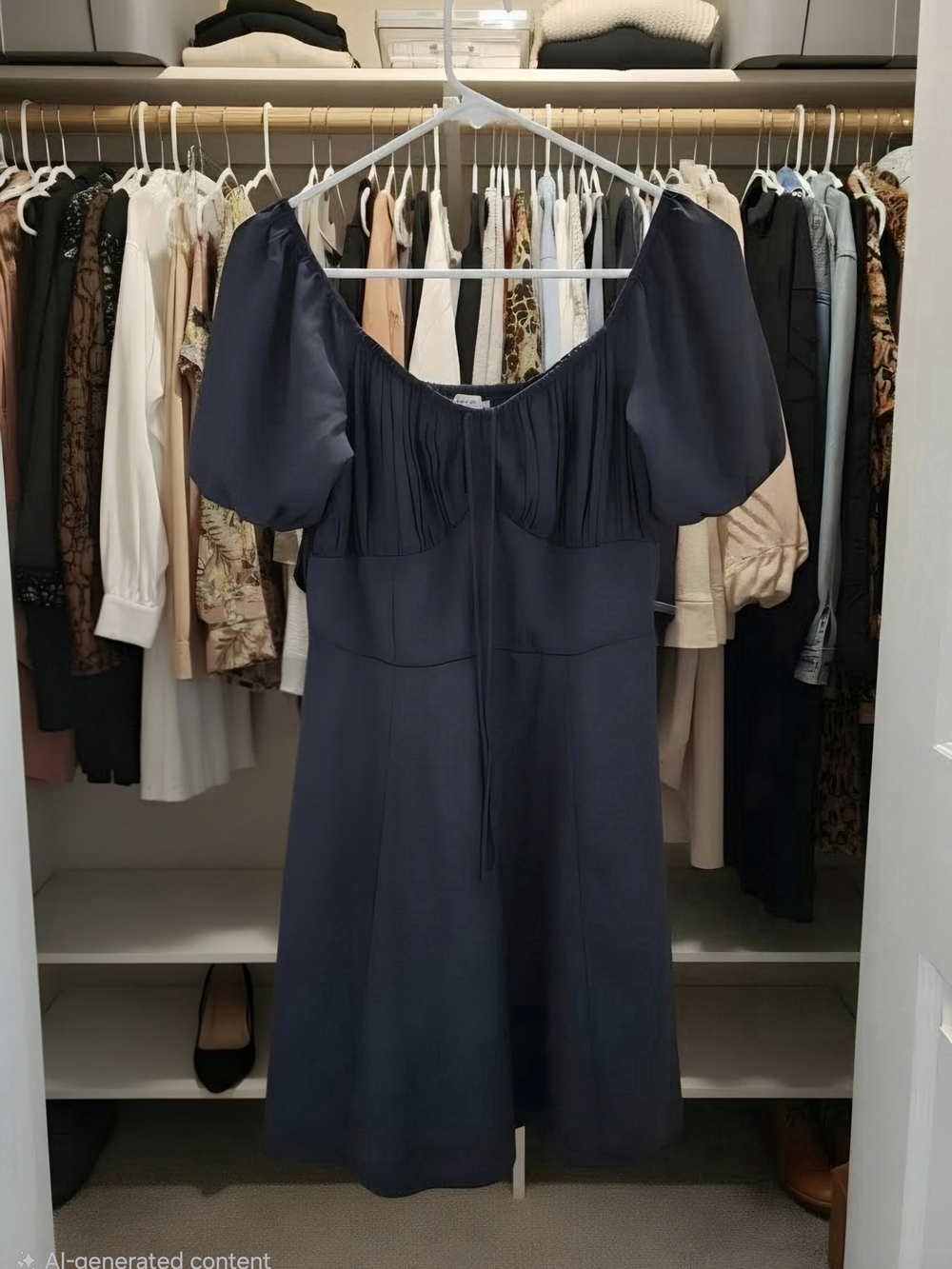 Women's Navy Puff-Sleeve Midi Dress